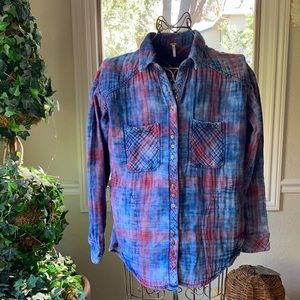 Free People Dip Dye Oversized Button Down Flannel Plaid Shirt  Size S